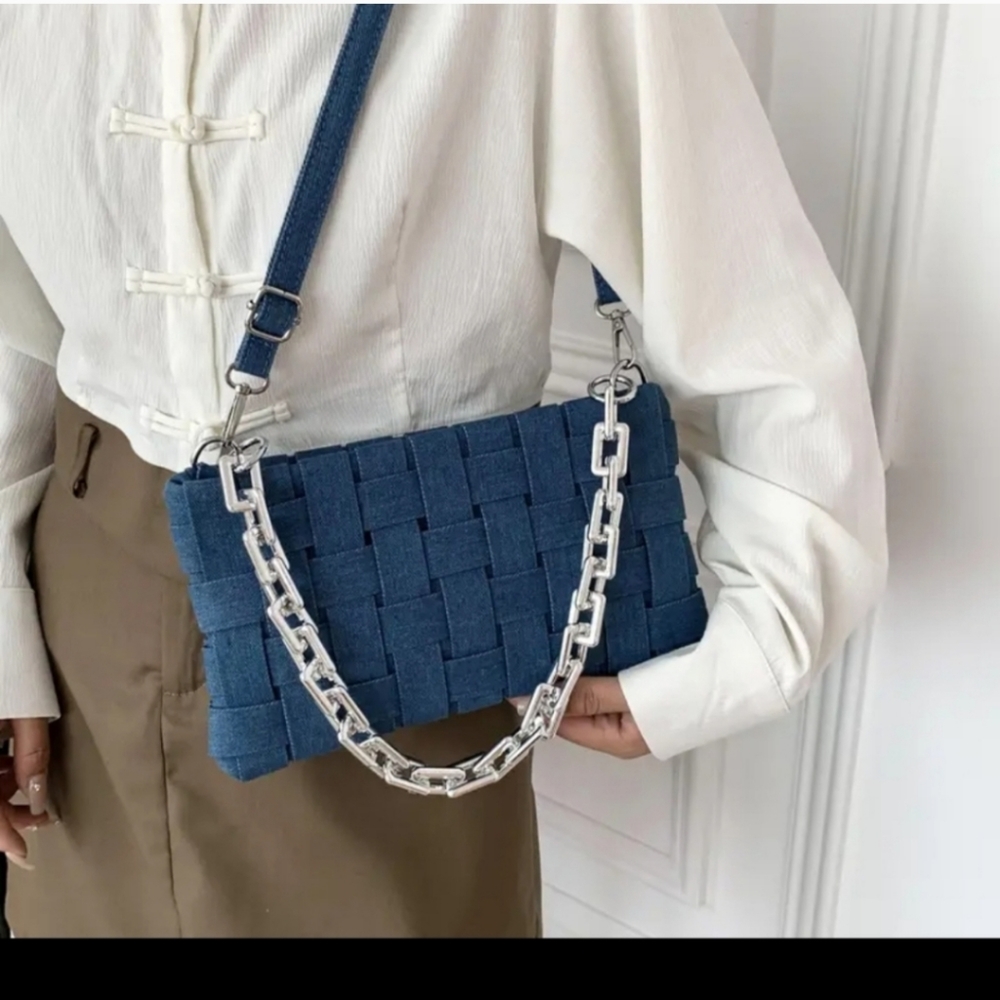Denim Woven Crossbody Bag with vintage chain